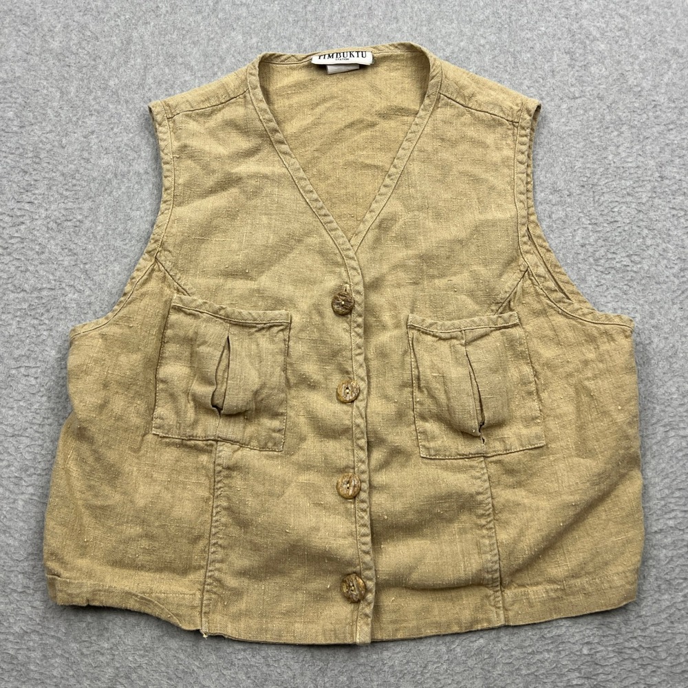 Timbuktu Station Vest Womens Medium* Tan Linen Button Up Safari Cargo Pockets
